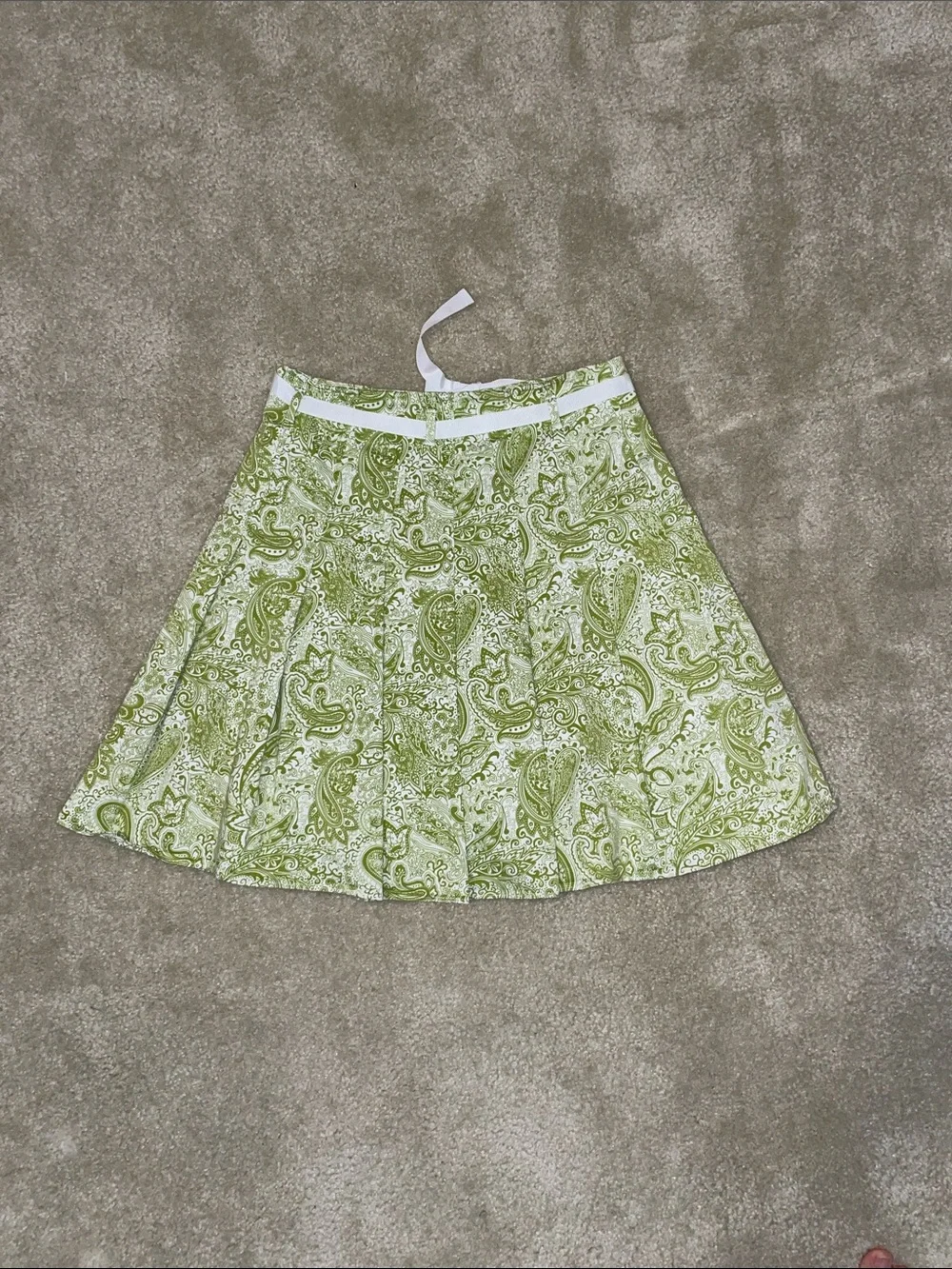 J. Crew Light Green Paisley Pleated Skater Skirt with White Waist Tie